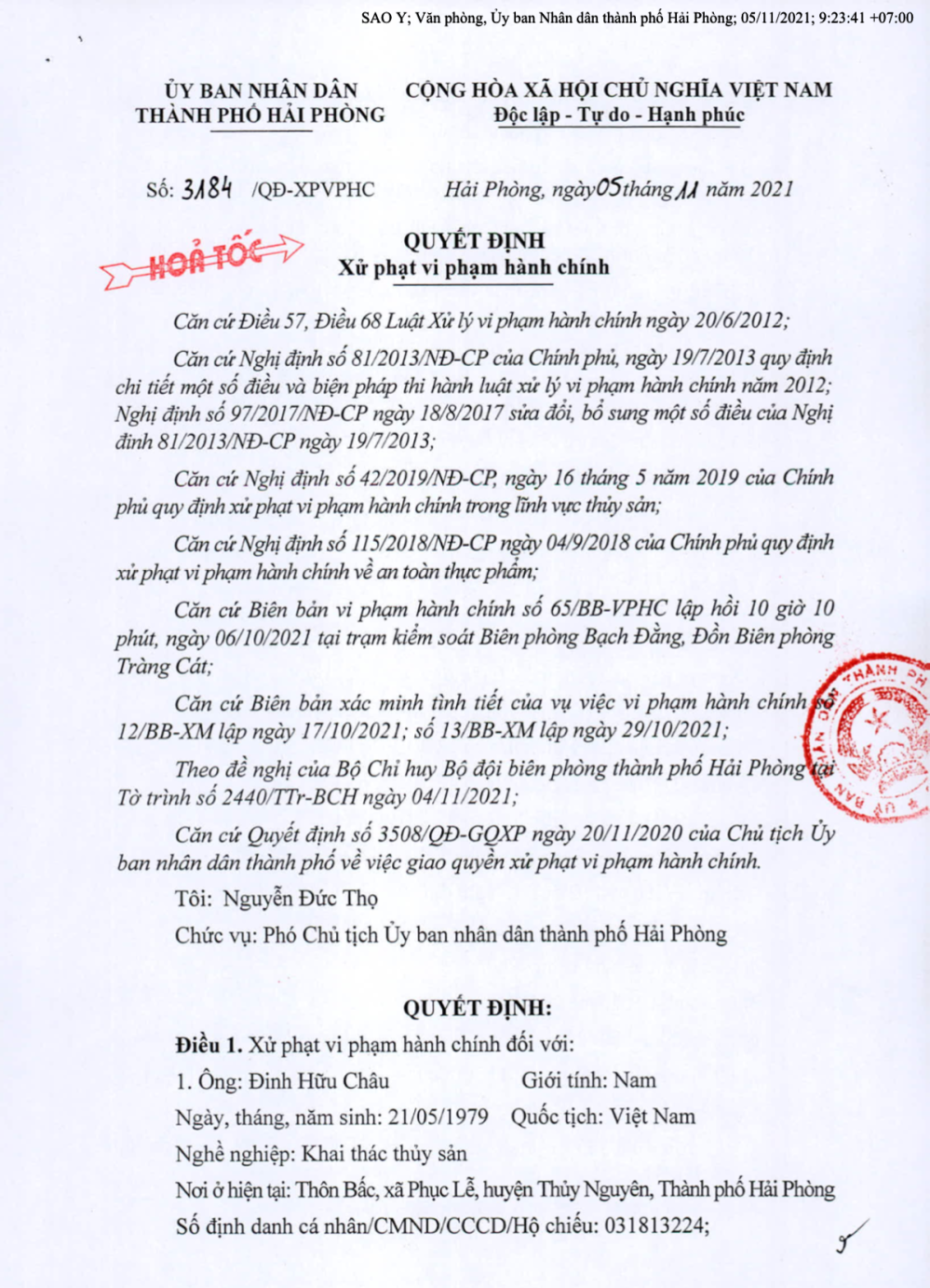 Quyết định xử phạt vi phạm hành chính đối với ông Châu của UBND TP