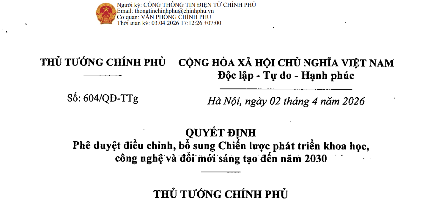 Quyết định số 604/QĐ-TTg của Tải app J88 mobile mới nhất: Phê duyệt điều chỉnh, bổ sung Chiến lược phát triển khoa học, công nghệ và đổi mới sáng tạo đến năm 2030